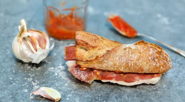 A delicious bocadillo de jamon, with a crusty baguette filled with cured ham, sits on a slate surface next to garlic and a spoonful of tomato spread.