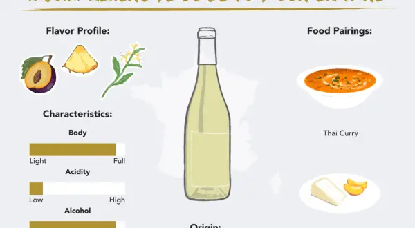 A guide to Viognier wine, featuring flavor notes of plum and pineapple, characteristics like full body and high alcohol, and food pairings of Thai curry and brie cheese.
