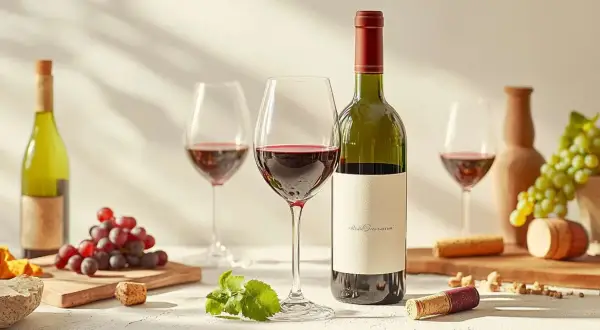 A bottle of low tannin red wine stands with two glasses, grapes, and corks.