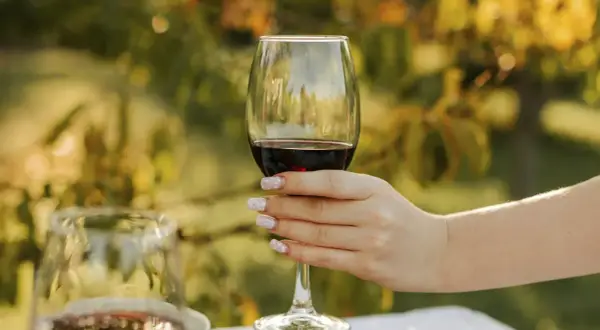 A hand with decorative nails holds a glass of rich Alicante Bouschet wine, ready for a toast amidst a sun-dappled garden.