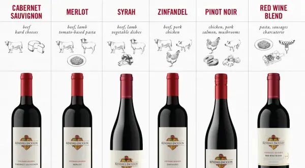 Red wine and food pairings chart: Merlot with tomato-based pasta, Cabernet Sauvignon with beef and hard cheeses, and other varietals.