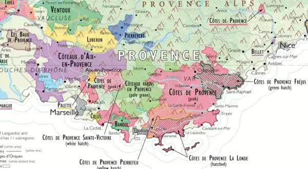 A french wine regions map showing Provence, with areas like Côtes de Provence, Ventoux, and Luberon.