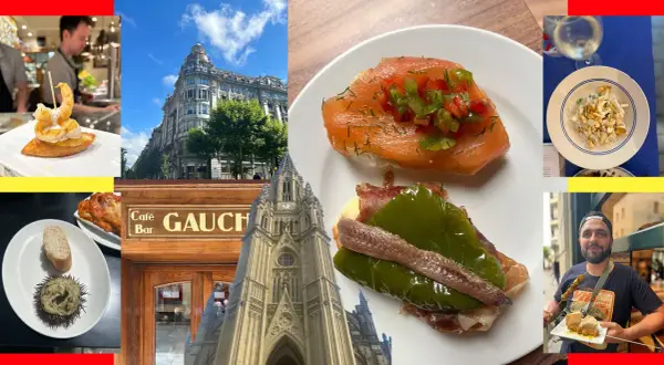 A collage of Spanish tapas, including smoked trout dip, seafood, and a man holding skewers.