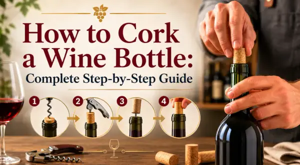 Learn how to cork a wine bottle with this step-by-step guide. The image shows four stages of inserting a cork into a wine bottle.