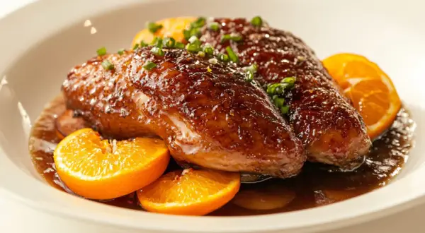 A glistening duck a l'orange, garnished with chives and orange slices, sits in a rich sauce.