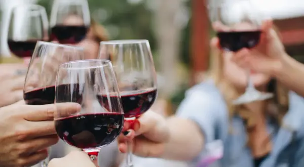 Friends clink glasses filled with rich red crianza wine, celebrating a special moment outdoors.