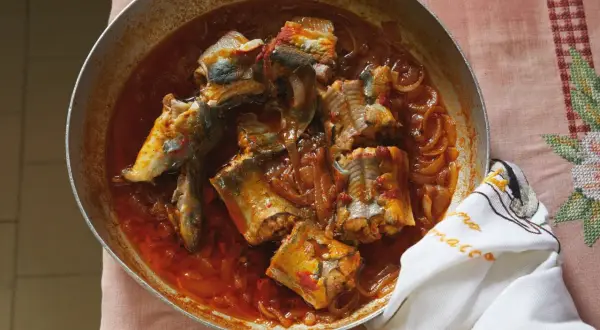A rustic pan of eel recipes, featuring chunks of eel simmered in a rich, tomato-based sauce with onions.