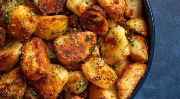 Crispy, golden-brown roasted new potatoes, seasoned with herbs and spices, piled high in a dark blue bowl.