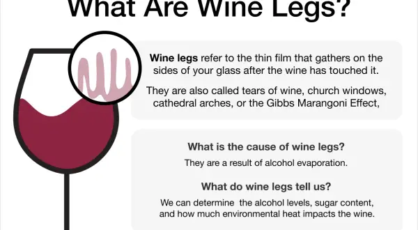 Illustration explaining wine legs, the thin film left on a glass after swirling, and what they indicate about the wine.