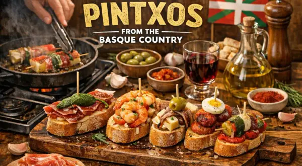 A spread of Basque pintxos, including morcilla pintxos, with ingredients and a Basque flag.