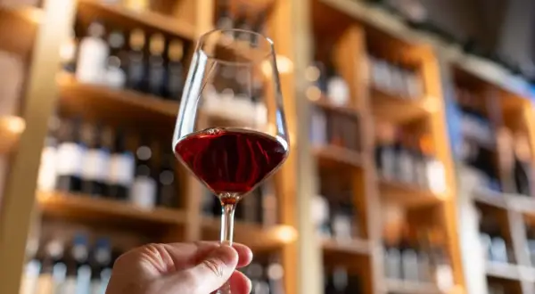 A hand holds a glass of red wine, with shelves of wine bottles in the background. Some believe certain red wines may boost metabolism.