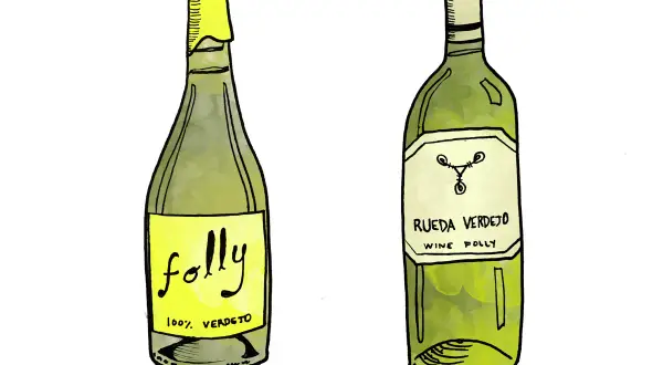 Two bottles of verdejo wine, one with a low shoulder and a yellow label, the other with a high shoulder and a white label.