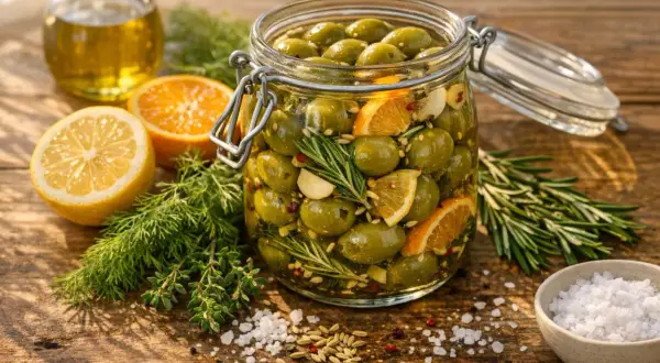A jar of olives in brine, with lemon, orange, rosemary, and garlic. Ingredients for homemade olive brine are scattered around.