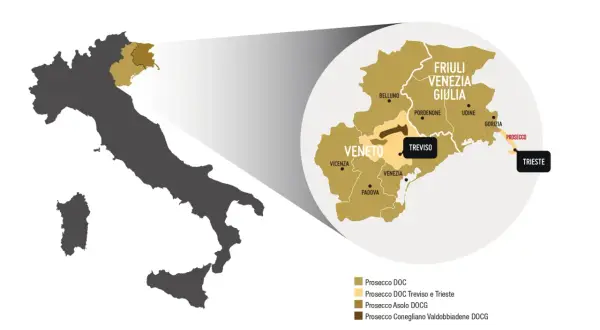 Map of Italy highlighting the Veneto and Friuli Venezia Giulia regions, showing where Prosecco is from, with Treviso and Trieste marked.