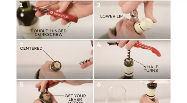 Step-by-step guide on how to open a wine bottle using a double-hinged corkscrew. Learn to remove the foil, insert the corkscrew, and extract the cork.