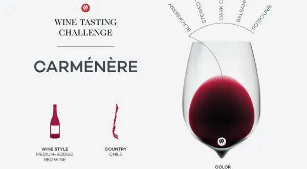 A wine tasting challenge graphic for Carménère, a medium-bodied Chilean red wine with deep ruby color and notes of blackberry, stewed tomato, dark cocoa, balsamic, and potpourri.