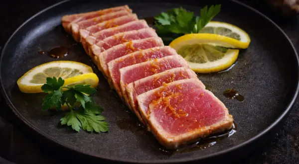 Seared tuna tataki, sliced and drizzled with sauce, garnished with lemon slices and parsley on a dark plate.