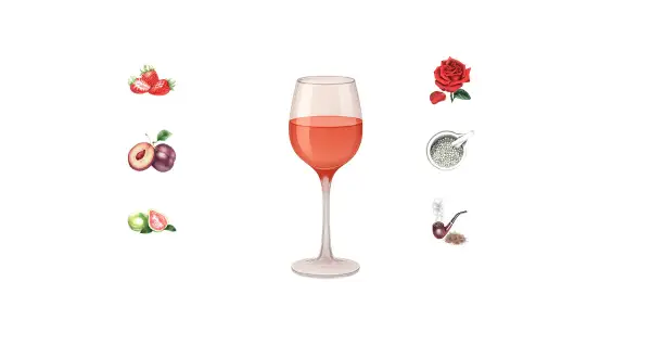 A glass of cinsault wine, with strawberries, plums, guava, a rose, peppercorns, and a pipe.