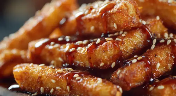Crispy fried eggplant sticks, drizzled with sweet honey glaze and sprinkled with sesame seeds. A delicious take on berenjenas con miel.