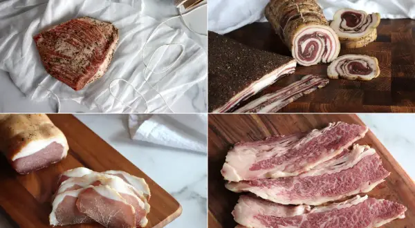 A collage of cured pork products, including a raw piece seasoned for tocino Spanish, rolled pancetta, and sliced bacon.