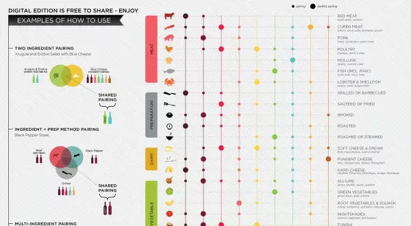 A visual guide to food and wine pairing, showcasing different types of wine and their ideal matches with various meats, cheeses, and vegetables.