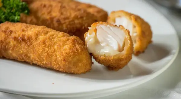 Golden cod croquettes, one split open to reveal flaky white fish and creamy filling, served on a white plate with a sprig of parsley.