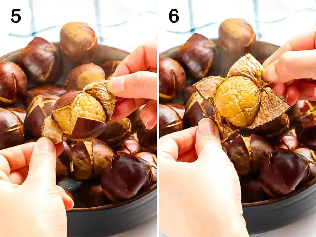 Hands peel a roasted chestnut, revealing the soft, golden nut inside. This is a key step in how you prepare chestnuts for a delicious snack.