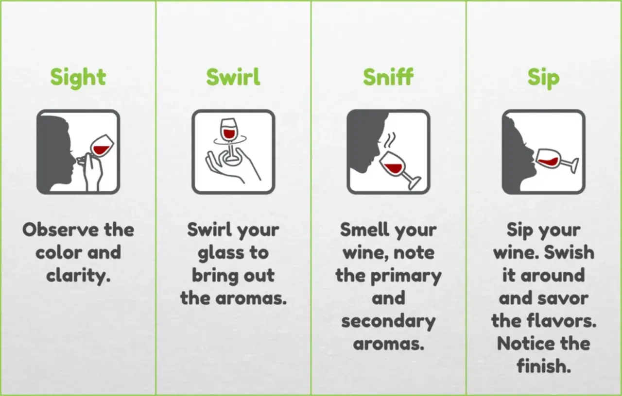 Four steps to wine tasting: sight (observe wine color), swirl, sniff, and sip.