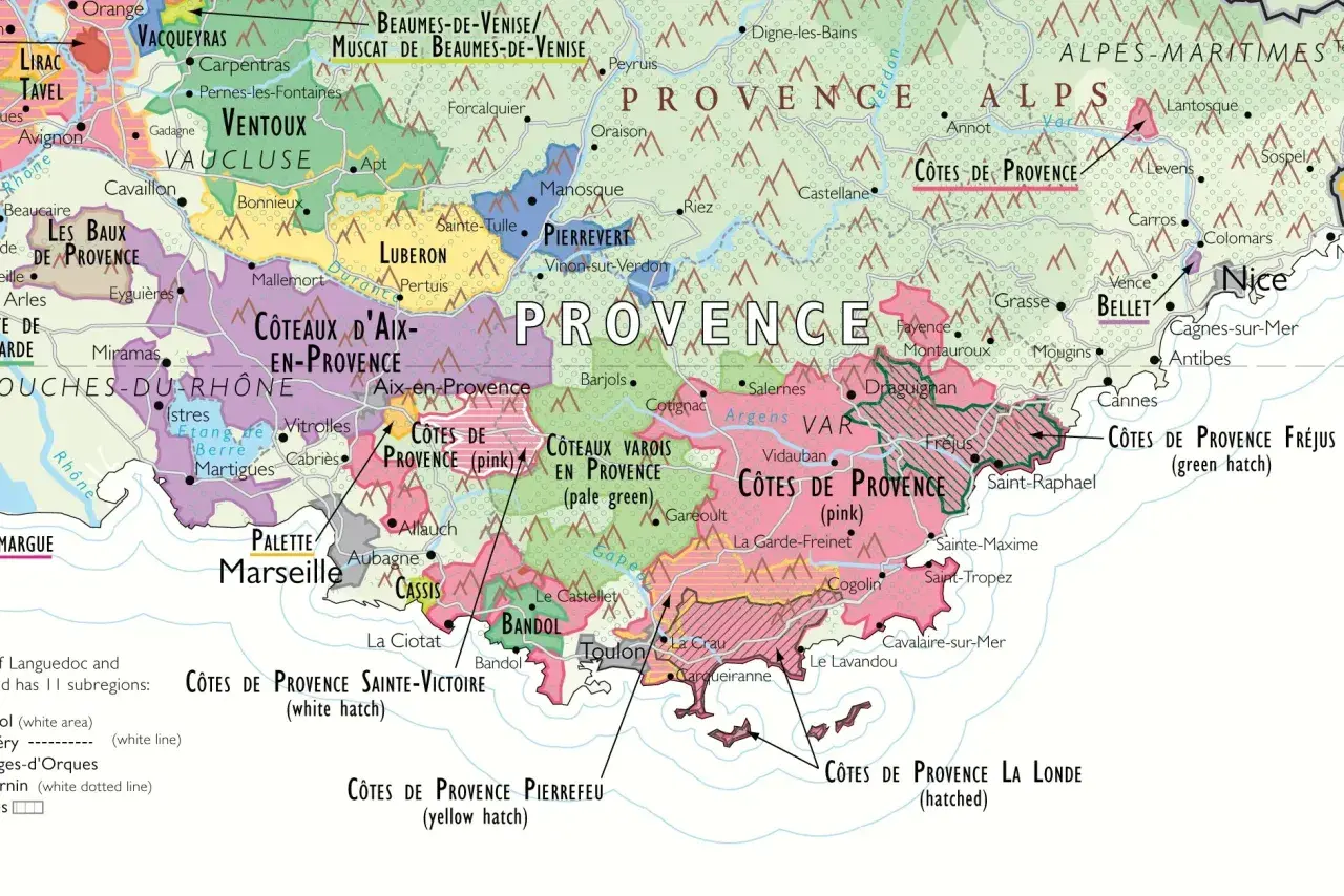 A french wine regions map showing Provence, with areas like Côtes de Provence, Ventoux, and Luberon.