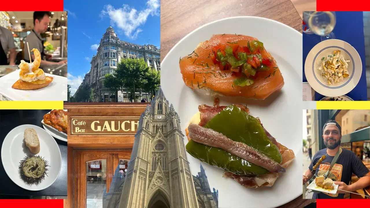 A collage of Spanish tapas, including smoked trout dip, seafood, and a man holding skewers.