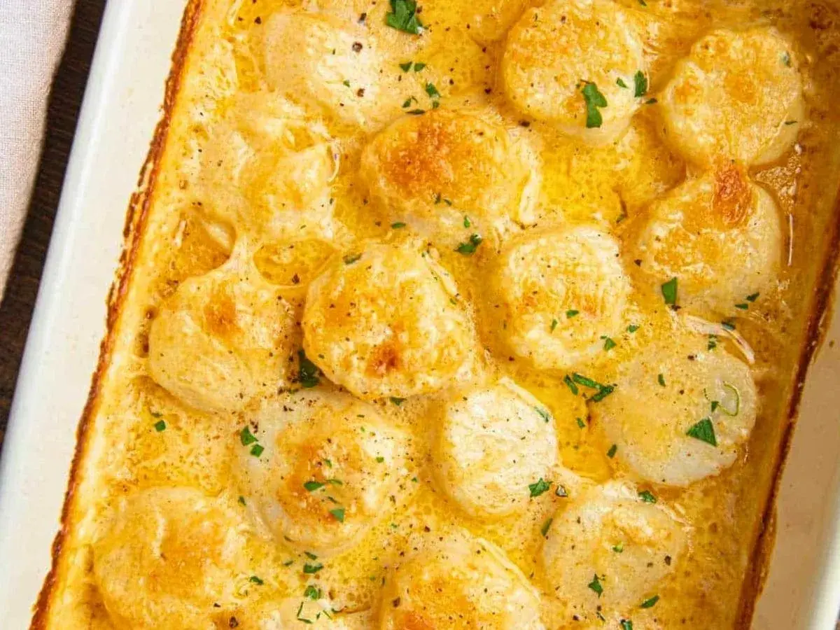 A close-up of a creamy scallop gratin in a white baking dish, topped with fresh parsley and black pepper.