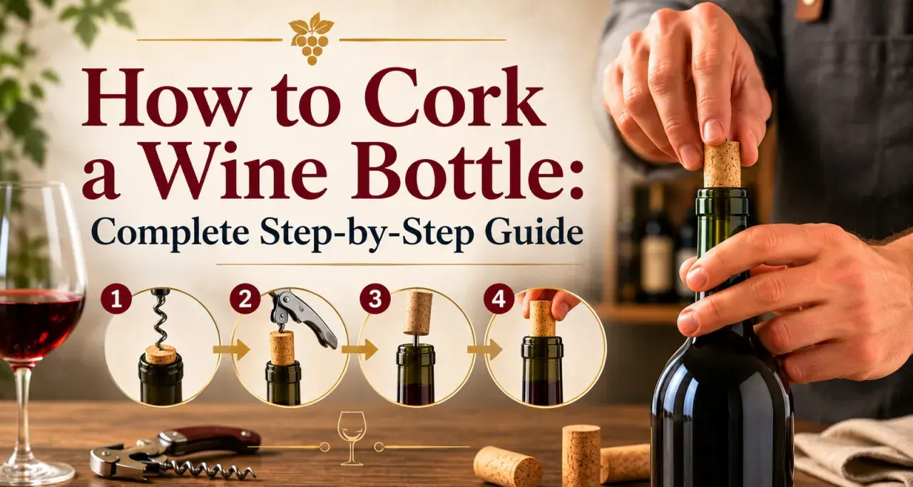 Learn how to cork a wine bottle with this step-by-step guide. The image shows four stages of inserting a cork into a wine bottle.