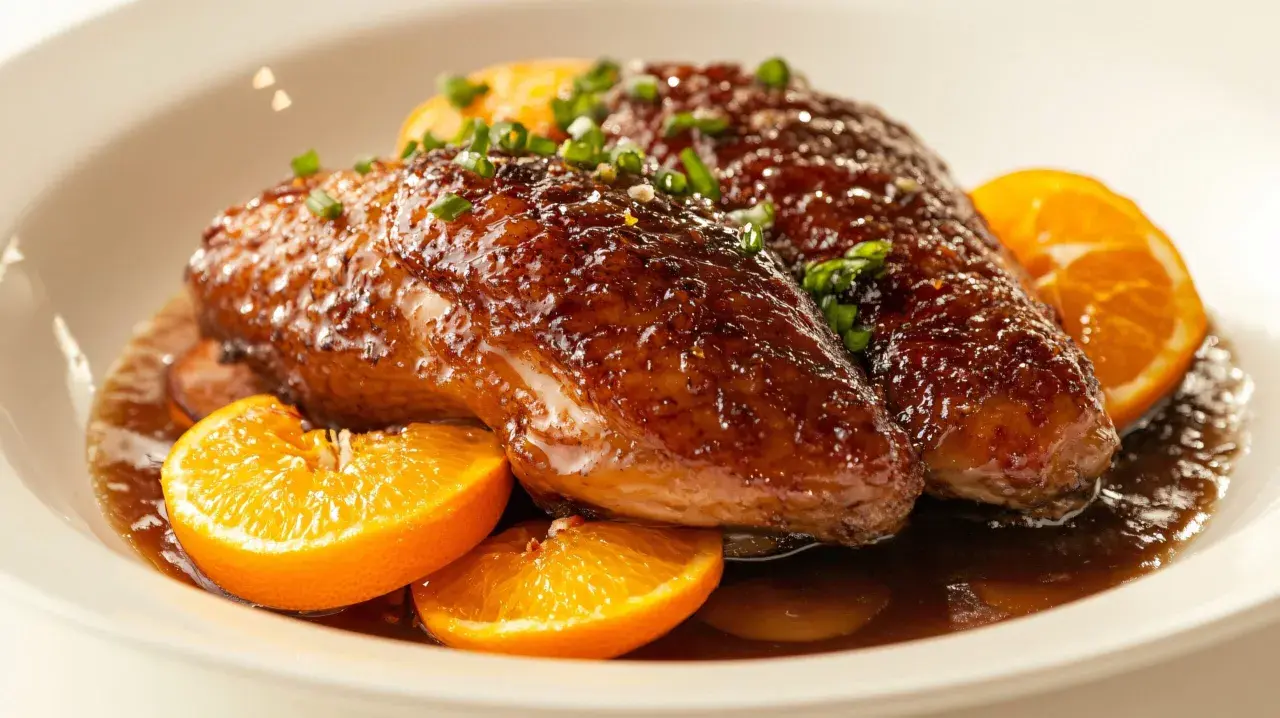A glistening duck a l'orange, garnished with chives and orange slices, sits in a rich sauce.