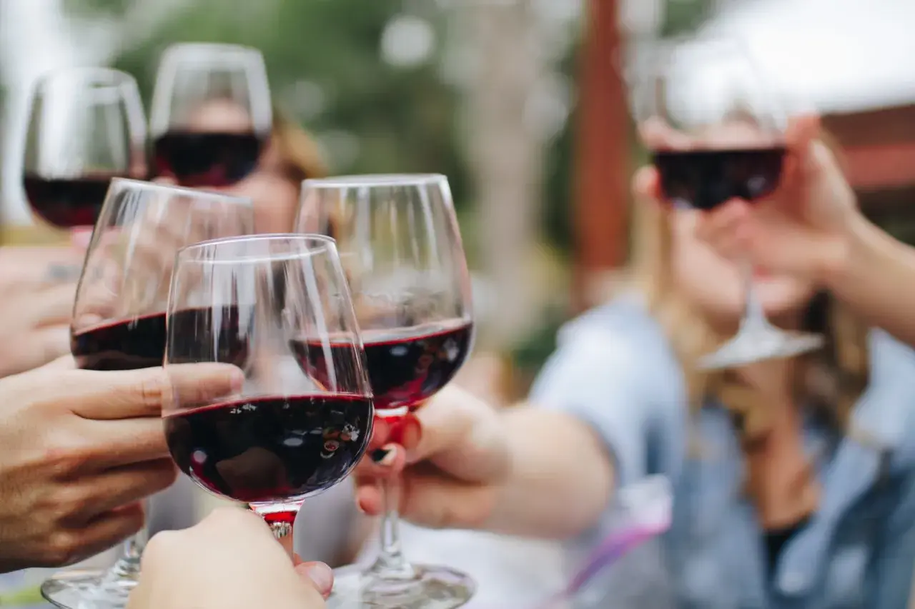 Friends clink glasses filled with rich red crianza wine, celebrating a special moment outdoors.