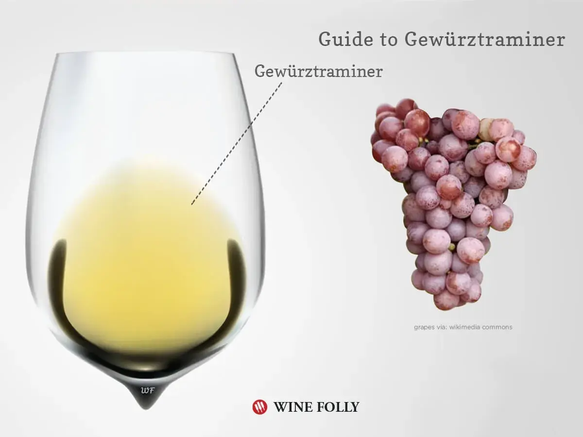 A glass of yellow Gewürztraminer wine next to a bunch of pink grapes. Perfect for exploring Gewürztraminer pairing.