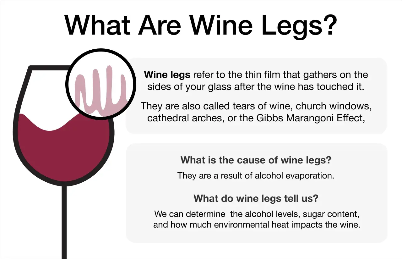 Illustration explaining wine legs, the thin film left on a glass after swirling, and what they indicate about the wine.