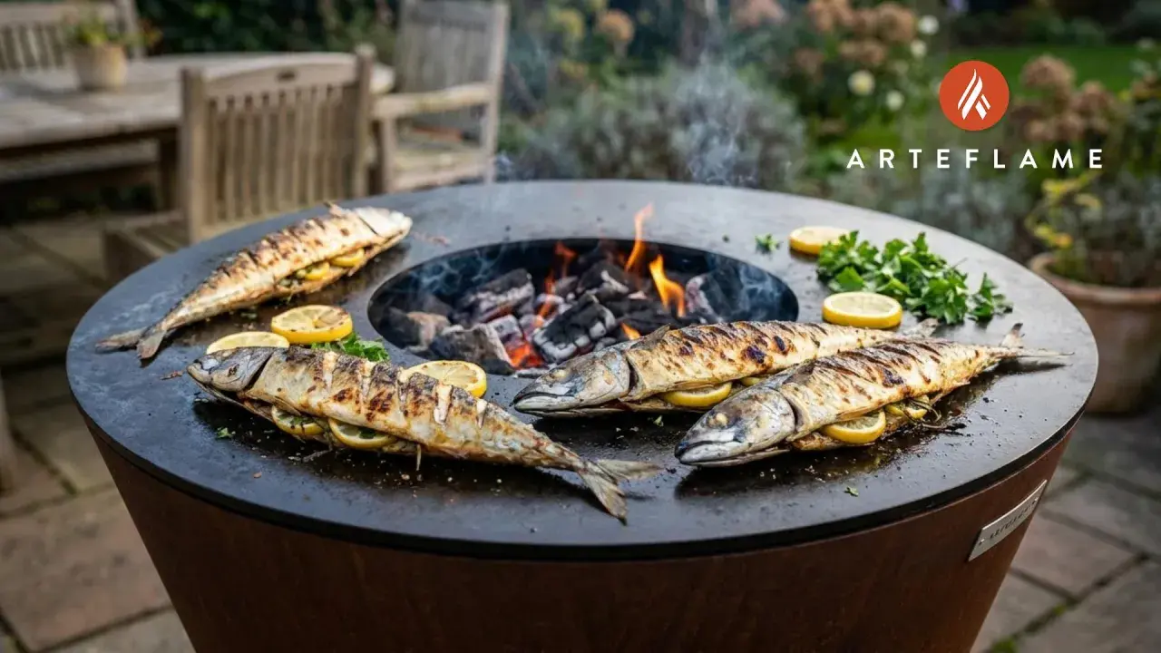 Four whole grilled fish, stuffed with lemon and herbs, sizzle on a round barbecue grill over glowing coals.