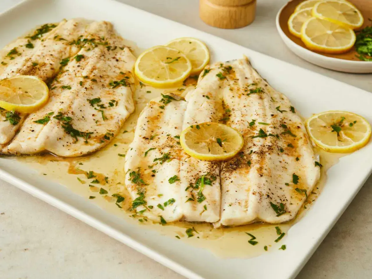 Two beautifully cooked truchas fish fillets, glistening with butter and herbs, are garnished with fresh lemon slices on a white platter.