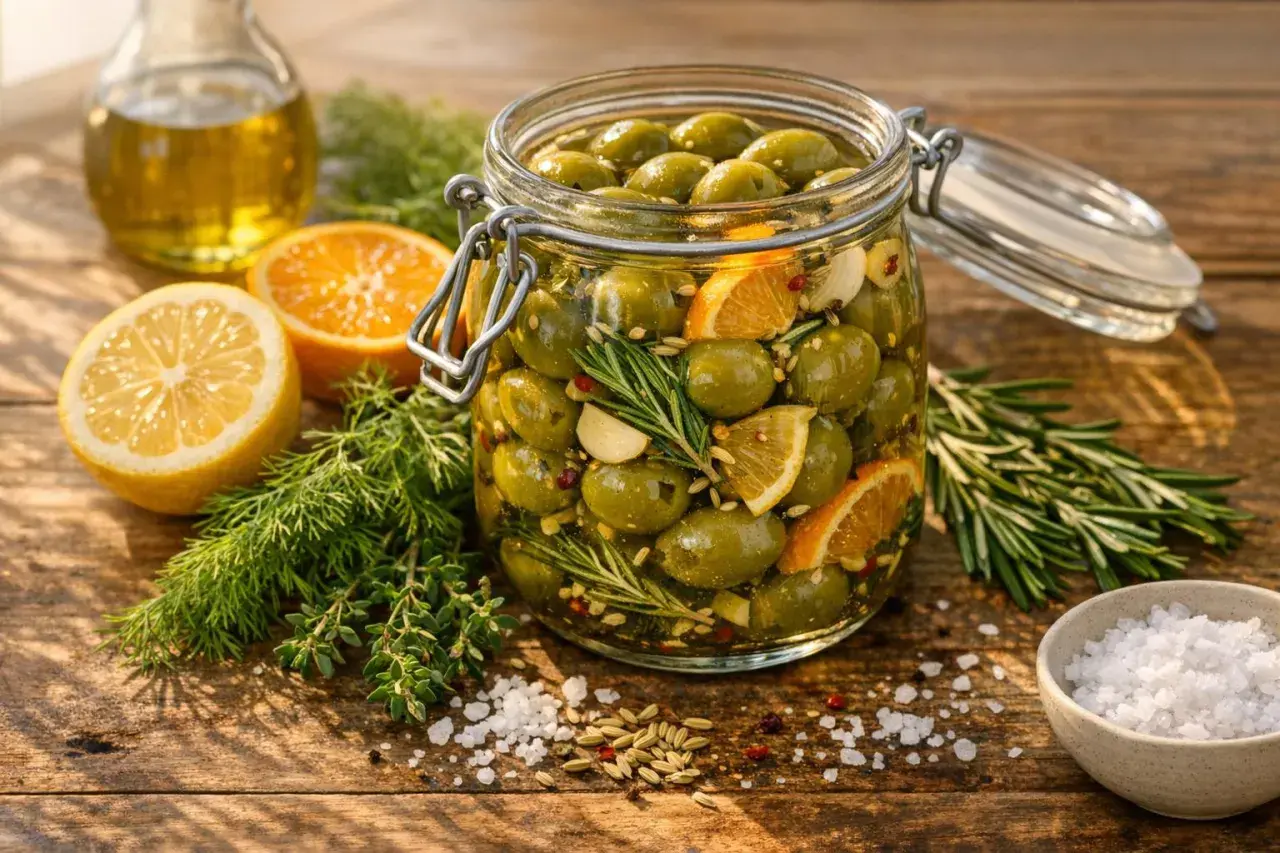 A jar of olives in brine, with lemon, orange, rosemary, and garlic. Ingredients for homemade olive brine are scattered around.