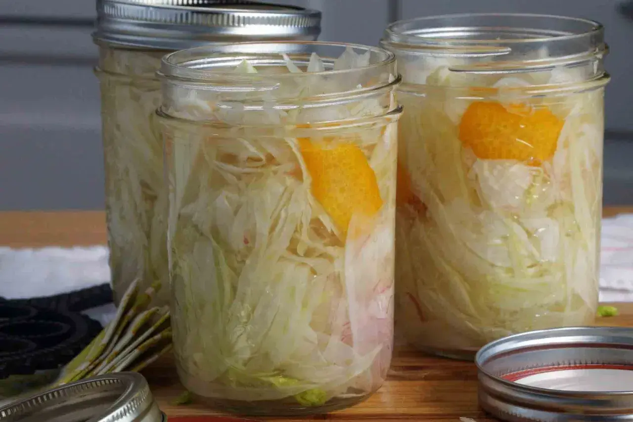 Jars of pickled fennel with orange peel, ready for the pantry.