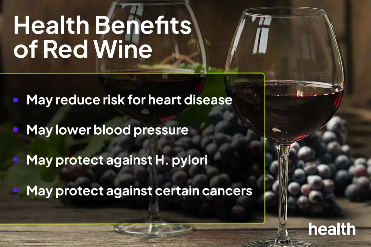 Two glasses of red wine and grapes, with text highlighting health benefits like reduced heart disease risk, suggesting it's a best red wine for health.