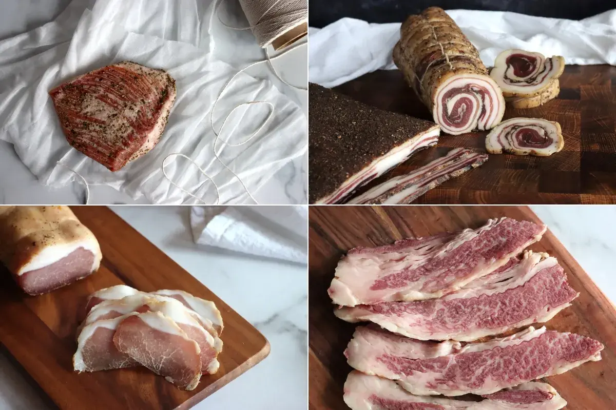 A collage of cured pork products, including a raw piece seasoned for tocino Spanish, rolled pancetta, and sliced bacon.