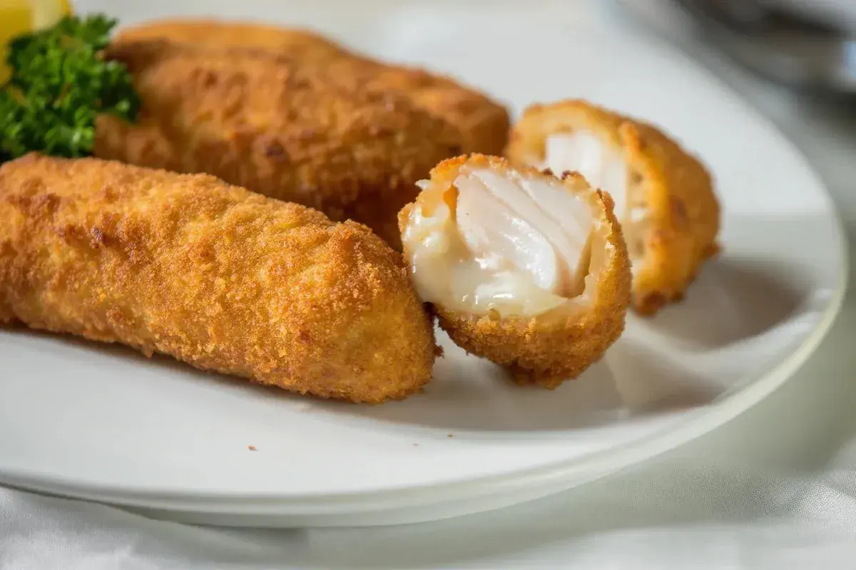 Golden cod croquettes, one split open to reveal flaky white fish and creamy filling, served on a white plate with a sprig of parsley.