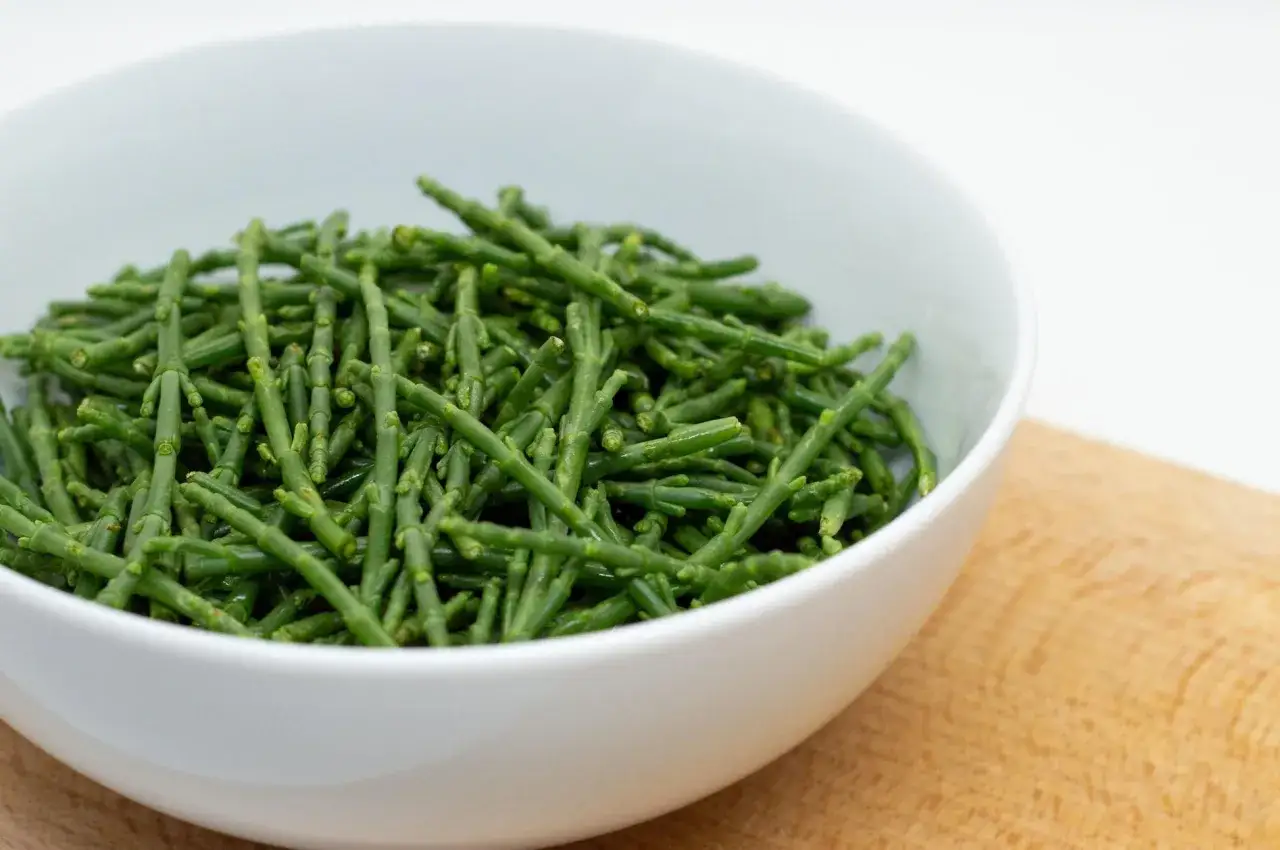 A white bowl overflows with vibrant green sea beans, ready to add a salty crunch to any dish.