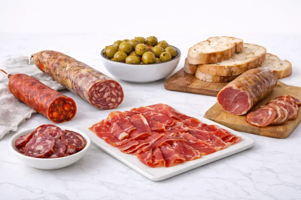 A Spanish charcuterie board featuring chorizo, salchich&oacute;n, jam&oacute;n, lomo, olives, and bread.