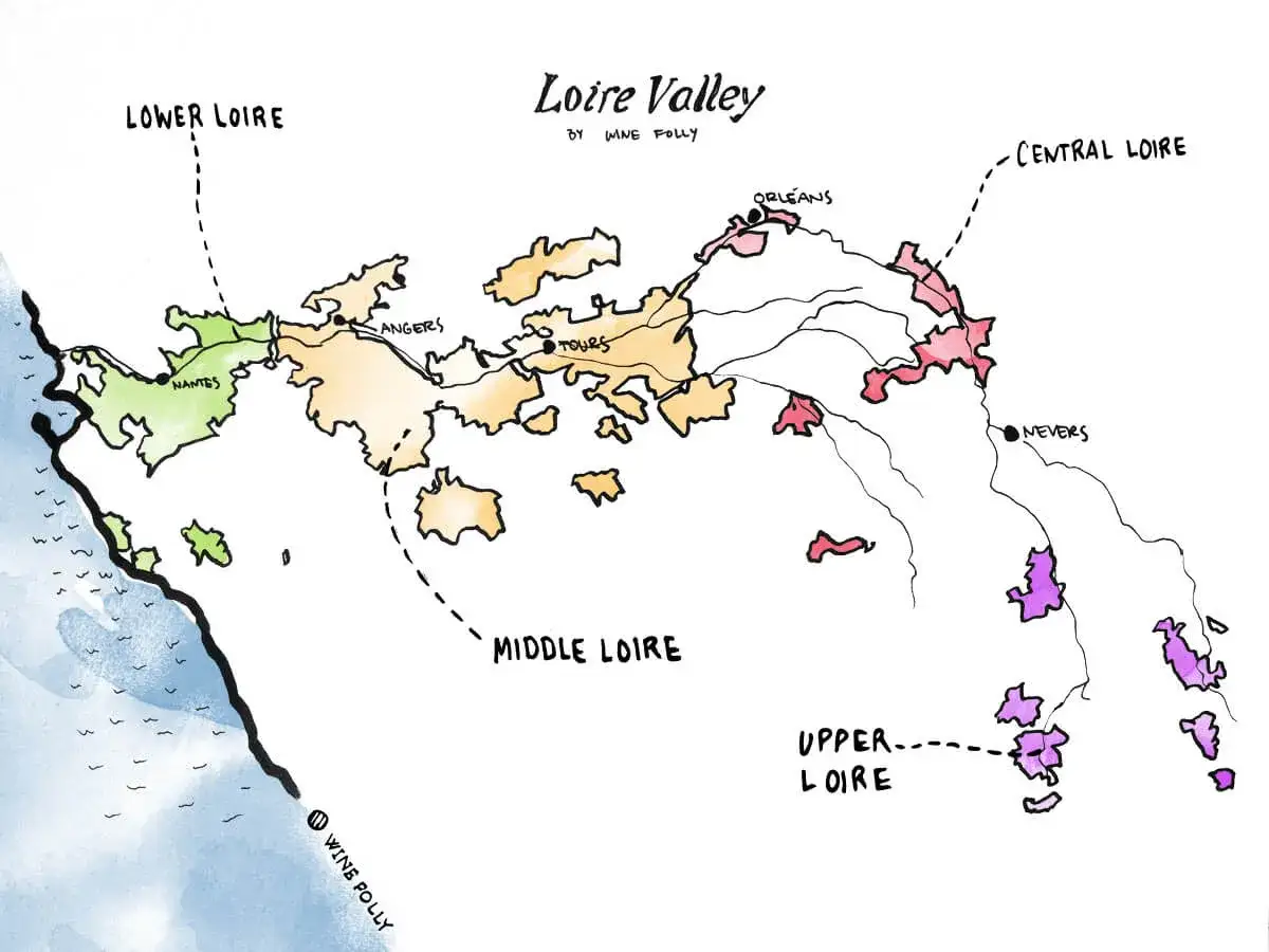 Map of the Loire Valley, showcasing regions for Loire Valley wine from Lower to Upper Loire, with cities like Nantes, Angers, Tours, Orl&eacute;ans, and Nevers.