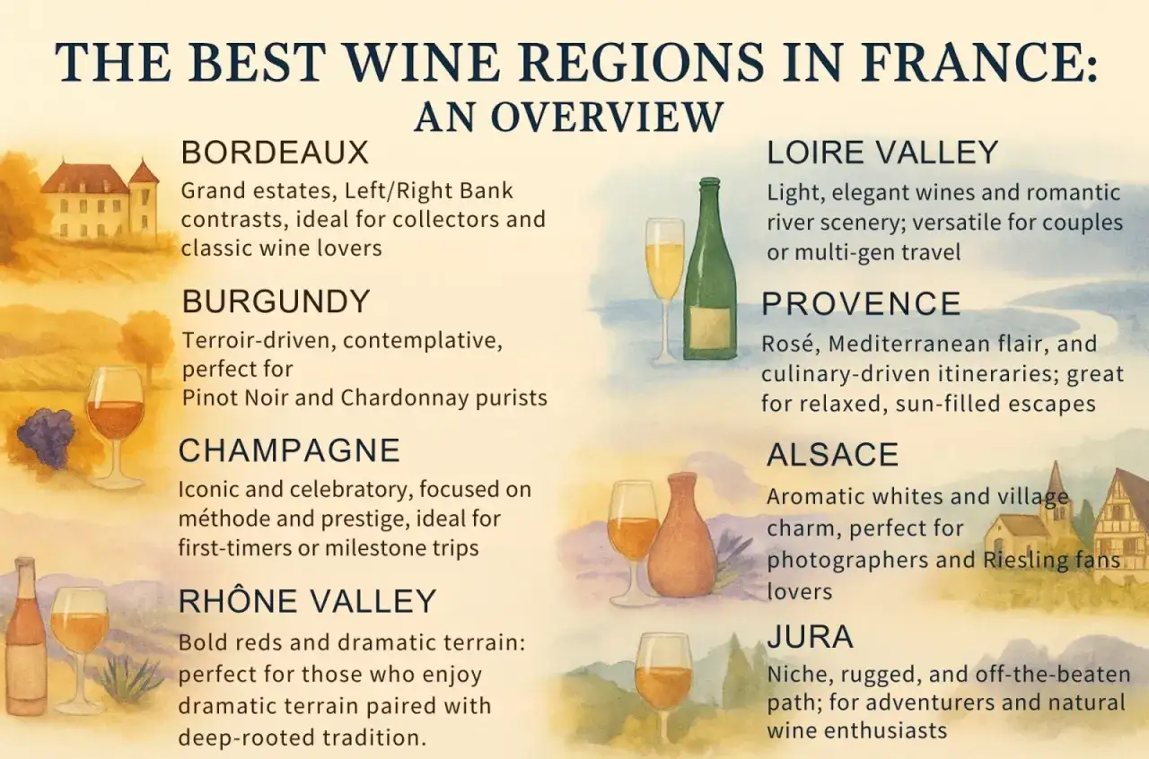A watercolor illustration of a french wine regions map, highlighting Bordeaux, Burgundy, Champagne, Rhône Valley, Loire Valley, Provence, Alsace, and Jura.