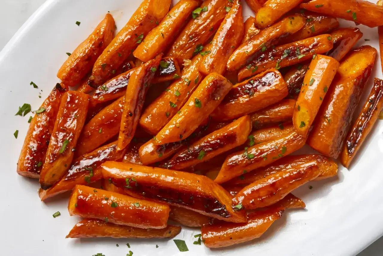 A close-up of glazed vichy carrots, glistening and sprinkled with fresh herbs, served on a white platter.