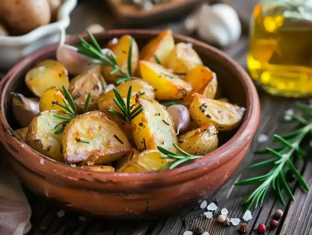 A rustic bowl overflows with golden, roasted new potatoes, seasoned with rosemary and garlic.
