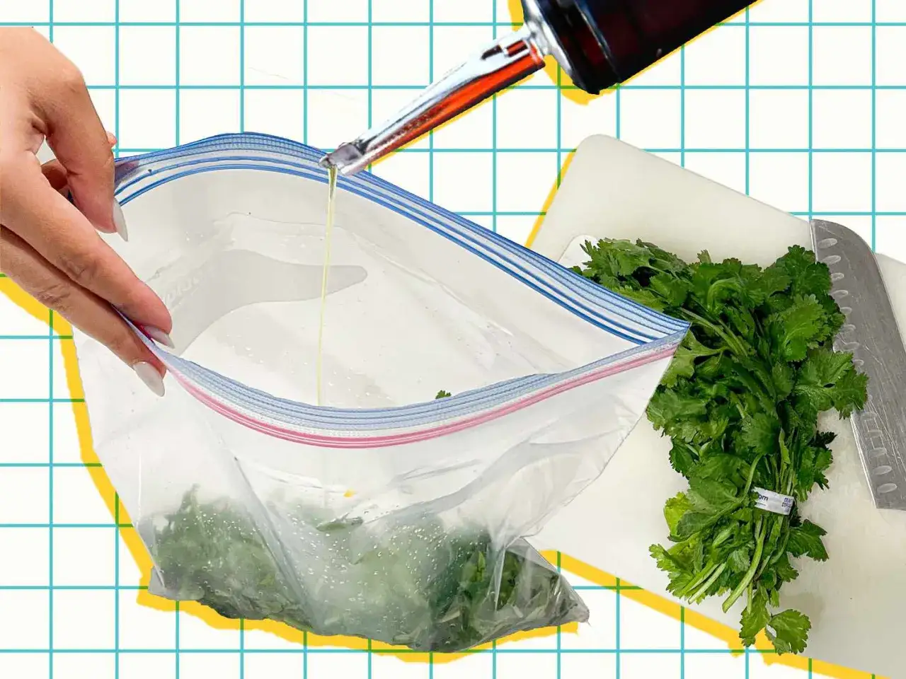A hand pours oil into a bag of chopped cilantro, a method for how to freeze fresh herbs.